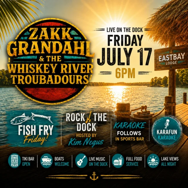 ☀️ THIS is what Friday nights on the lake are all about.

Cold drinks.
Sunset over Lake Holcombe.
Boats tied to the dock.
Live country music.
And one of Wisconsin's favorite traditions...

🐟 Friday Fish Fry at Eastbay.

Served 4–9PM, choose from:

🐟 Beer-Battered Walleye
🐟 Beer-Battered or Broiled Cod

Served with potato, slaw, lemon & tartar.

Just $15

➕ Add our fresh Salad Bar for only $4.95 and make it the complete Friday night dinner.

Then at 6:00 PM, Zakk Grandahl & The Whiskey River Troubadours take over the dock with an evening of great country music as the sun sets over the bay.

And when the last song wraps up...

🎤 Rock the Dock Karaoke kicks off in the Sports Bar, hosted by Kim Negus, so the night doesn't have to end.

Whether you're pulling in by boat, grabbing dinner with family, or looking for the best place to spend a Friday night...

This is your sign to head to Eastbay.

We'll save you a seat.

🌊 The lake feels good.

#EastbayLodge #LakeHolcombe #FridayFishFry #WisconsinFishFry #LiveMusic #CountryMusic #BoatLife #SummerAtTheLake #TheLakeFeelsGood