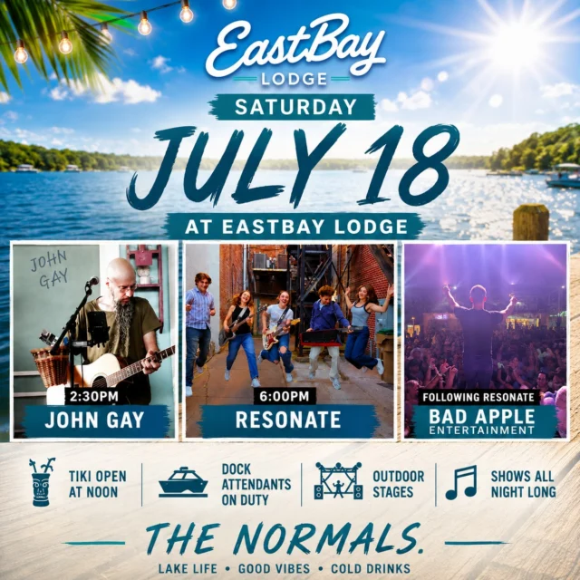 ☀️ Today's forecast calls for a 0% chance you should be indoors.

Seriously.

If you're sitting on the couch today... you're doing summer wrong.

This is one of those picture-perfect Wisconsin Saturdays we wait all year for. Blue skies. Hot sunshine. Boats on the water. Cold drinks in your hand. Live music floating across the bay.

The Tiki Bar opens at NOON, the docks will be filling early, and we've got one incredible lineup waiting for you.

🥩 Saturday Prime Rib Special (Served 4PM until gone)

Choose your cut...

• 10oz Prime Rib — $29
• 14oz Prime Rib — $34

Served with your choice of potato, vegetables, au jus, creamy horseradish, and all the reasons to stay for dinner.

Then the soundtrack to your Saturday begins...

☀️ 2:30PM — JOHN GAY

A Lake Holcombe favorite with a style all his own. John has a way of turning an afternoon on the dock into the soundtrack of summer. Grab a cocktail, find a seat by the water, and settle in.

🎸 6:00PM — RESONATE

Saturday night belongs to Resonate.

Enough said.

If you've seen them, you already know.

If you haven't... tonight's your chance to see why they've become one of the hottest bands on the lake this summer.

🎧 Following Resonate — BAD APPLE ENTERTAINMENT

When the band finishes...

The party doesn't.

Danny from Bad Apple doesn't just DJ—he throws a party. Live mashups, huge energy, crowd interaction, and a show that keeps the dock buzzing long after the last guitar chord. If you caught him over the Fourth of July, you already know exactly what we're talking about.

One beautiful Wisconsin Saturday.

Three incredible performances.

One place to spend it.

🌊 The lake feels good.

#EastbayLodge #LakeHolcombe #SaturdayAtTheBay #PrimeRib #LiveMusic #Resonate #JohnGay #BadAppleEntertainment #BoatLife #WisconsinSummer #TheLakeFeelsGood