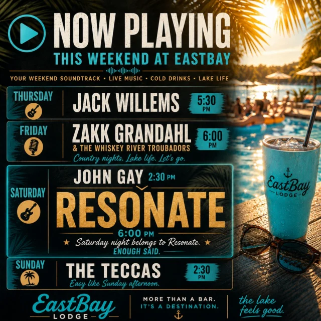 🎶 NOW PLAYING AT EASTBAY 🎶

Summer doesn't wait... and neither does the soundtrack.

The forecast? ☀️ Hot days. 🌊 Cool water. 🍻 Cold drinks. 🎸 Live music every night.

Whether you're kicking off the weekend on Thursday, settling in for Friday night, making Saturday your main event, or closing it out with a Sunday on the lake, we've got your soundtrack covered.

🎸 THURSDAY | 5:30 PM
Jack Willems

🤠 FRIDAY | 6:00 PM
Zakk Grandahl & The Whiskey River Troubadours

🔥 SATURDAY
2:30 PM • John Gay
6:00 PM • Resonate

Saturday night belongs to Resonate. Enough said.

☀️ SUNDAY | 2:30 PM
The Teccas

Grab your crew. Dock the boat. Order another round. Stay for one more song.

We'll take care of the rest.

The lake feels good.

#EastbayLodge #LakeHolcombe #LiveMusic #WisconsinSummer #WeekendSoundtrack #TheLakeFeelsGood #BoatLife #SummerAtTheLake