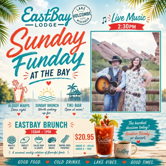 ☀️ If you're spending a Wisconsin summer Sunday indoors... we have questions.

This is what Sundays at the lake are made for.

Brunch with friends.

Boats filling the bay.

A cold drink on the deck.

Live music drifting across the water.

And absolutely no reason to rush home.

🍳 SUNDAY BRUNCH | 10:00AM–1:00PM

Our summer brunch buffet features:

🧇 Waffle Bar
🍳 Omelet Bar
🥩 Carved Meats
🥗 Fresh Salads
🥓 Breakfast Favorites
✨ Weekly Rotating Features

Bring the family.

Bring your cabin crew.

Come hungry.

Then settle in for an afternoon that feels exactly like a Wisconsin summer should.

🎶 THE TECCAS | LIVE AT 2:30PM

Originally from Montana and now proudly rooted in Wisconsin, The Teccas have become one of Eastbay's most requested acts for a reason.

Outstanding harmonies.

Exceptional musicians.

And the perfect soundtrack to an afternoon on Lake Holcombe.

🍹 Tiki Bar opens at Noon

🚤 Dock attendants on duty

⚓ Pull in by boat

☀️ Grab a seat on the deck

🍻 Stay for one more round

Whether you're joining us for brunch, spending the afternoon on the water, or just chasing one more perfect summer day...

We'll save you a spot at the bay.

🌊 The lake feels good.

📍 Eastbay Lodge
Lake Holcombe, Wisconsin

🍳 Brunch • 10AM–1PM
🎶 The Teccas • 2:30PM