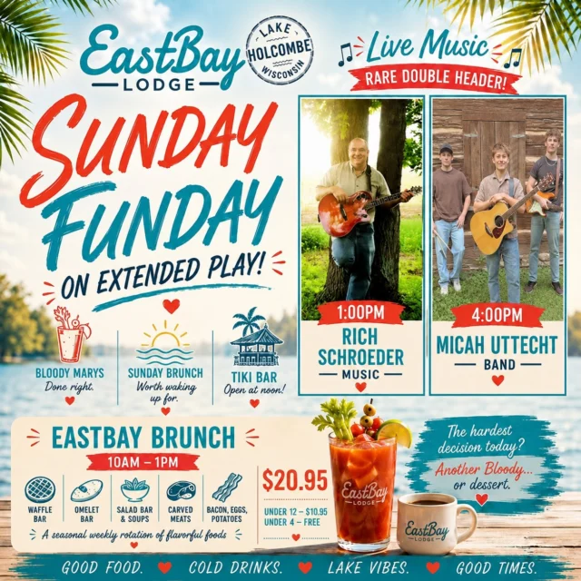 SUNDAY FUNDAY...ON EXTENDED PLAY.

What if your Sunday wasn't over after brunch?

What if it was just getting started?

This weekend, we're stretching Sunday out just a little longer with something we don't get to do very often...

A LIVE MUSIC DOUBLE HEADER.

But first...

🍳 Eastbay Sunday Brunch | 10:00 AM–1:00 PM

This isn't just breakfast.

It's the waffle bar. The omelet bar. Carved meats. Fresh salads. Breakfast favorites. Weekly chef features. Bloody Marys, coffee, friends, and a view of the lake that reminds you why Sundays were invented.

The kind of brunch that makes you slow down...and stay awhile.

Then the music begins.

🎸 1:00 PM – Rich Schroeder

Rich has been entertaining lake crowds for years with his easygoing style, familiar favorites, and the kind of performance that feels right at home on a Sunday afternoon. Grab a cocktail, find a seat by the water, and let Rich ease you into the afternoon.

Then...

Don't leave.

Because at 4:00 PM, we're excited to welcome the Micah Uttecht Band to the Eastbay stage for the very first time.

If Micah's name sounds familiar, there's a good reason. He first won over Eastbay audiences as the frontman of Resonate, one of the lake's favorite bands. Now, he continues to entertain with the Micah Uttecht Band, bringing incredible musicianship, fresh energy, and a sound we're genuinely excited to share with all of you.

Our advice?

Come for brunch.

Order another Bloody Mary.

Listen to Rich.

Stay for Micah.

Watch the afternoon roll into evening.

That's what a summer Sunday at the lake is supposed to feel like.

One incredible brunch. Two live performances. One unforgettable Sunday.

Sunday Funday...On Extended Play.

The lake feels good.