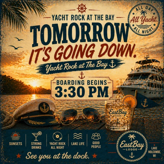 ⚓️ TOMORROW... WE'RE GOING THROWBACK. ⚓️

For one unforgettable day, Eastbay Lodge is leaving 2026 at the dock and setting the course straight for the smoothest era in music.

Yacht Rock the Bay has arrived.

We're talking Yacht Rock swag.
🍹 Themed cocktails.
📸 Fun photo ops.
🛥️ Boats. Friends. Sunshine.
🎶 The soundtrack of a generation.

This isn't just another live music day.

It's a full-on celebration of an era that's in the middle of a massive renaissance, and tomorrow we're embracing every minute of it.

Your voyage begins with Corey Rae White at 3:30 PM, followed by the incredible Lonesome Losers at 5:30 PM, before the Bad Apple Yacht Show closes out the night at 8:30 PM with all the smooth hits you know and love.

Whether you're arriving by boat, pulling up by car, rocking a captain's hat, throwing on your favorite linen shirt, or just coming for a great time, tomorrow is about leaving reality behind for a few hours and soaking up everything that makes summer on Lake Holcombe so special.

Gather your crew.

Order the boat drinks.

Take the photos.

Sing every word.

Dance like it's 1979.

Tomorrow isn't just another Saturday.

Tomorrow... it's Yacht Rock at the Bay.

⚓ Boarding begins at 3:30 PM.

We'll see you at the dock. 🌊🍹🎶