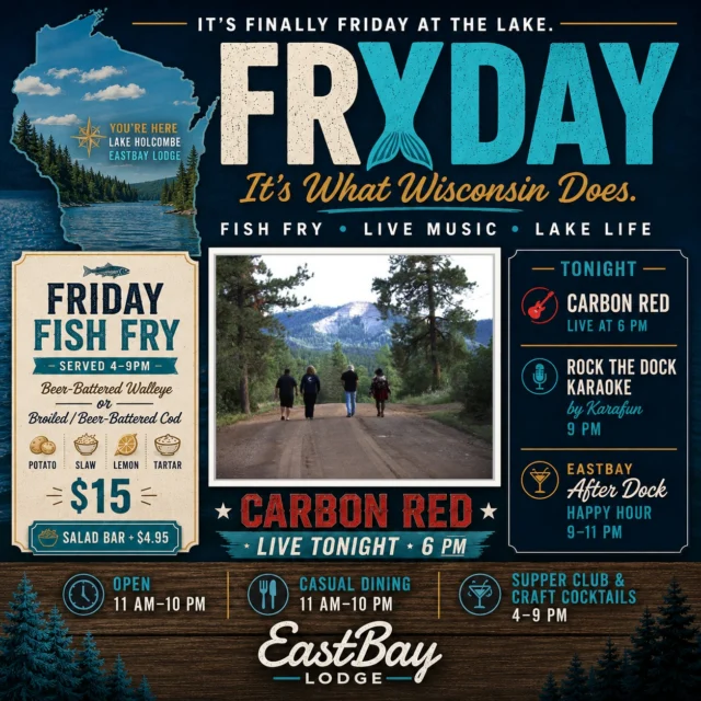 It's FRYDAY... and that's just what Wisconsin does. 🐟🍻🌲

There are few things more Wisconsin than wrapping up the work week with a great fish fry, cold drinks, live music and a night at the lake.

We've got all of it waiting for you today at Eastbay.

🐟 Friday Fish Fry | 4:00–9:00 PM
Choose from our famous beer-battered walleye or broiled or beer-battered cod, served with potato, slaw, lemon and tartar for just $15. Want to make it complete? Add our salad bar for only $4.95.

🎸 Carbon Red takes the stage live at 6:00 PM to kick off an incredible night of music.

🎤 Then stick around for Rock the Dock Karaoke by Karafun beginning at 9:00 PM, followed by Eastbay After Dock Happy Hour from 9:00–11:00 PM.

Whether you're stopping in for the best fish fry around, catching the band, singing a few songs with friends, or settling in for the whole evening, Friday nights were made for places like this.

And don't forget... tomorrow the Lodge goes full throwback for Yacht Rock the Bay! We'll have Yacht Rock swag, themed cocktails, photo ops, incredible live music, and an entire day celebrating an era that's in the middle of a full-blown renaissance. If you've been looking for an excuse to gather the crew and spend the day at the lake, Saturday is it.

We'll see you at the Bay. 🍻🌊🎶