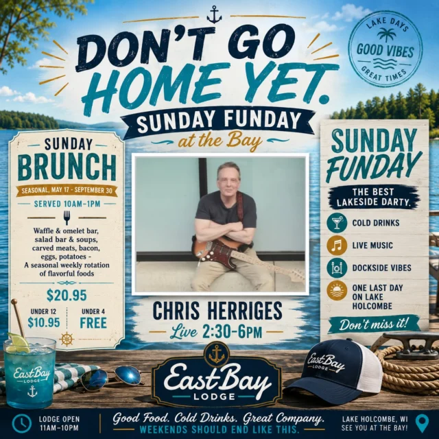 DON'T GO HOME YET. 🌊☀️

Weekends were never meant to end in a hurry.

Make one more stop at the lake and spend your Sunday the way it was meant to be—great food, cold drinks, live music, and a dock full of friends.

Start the day with our seasonal Sunday Brunch, served 10:00 AM–1:00 PM, featuring a rotating spread of favorites including a waffle bar, omelet bar, carved meats, bacon, eggs, potatoes, soups, salad bar, and more.

🥂 Sunday Brunch
🍽️ Adults – $20.95
👦 Under 12 – $10.95
👶 Under 4 – Free

Then settle in for what many have come to call the best lakeside darty around.

🎶 Chris Herriges takes the stage live from 2:30–6:00 PM, providing the perfect soundtrack for one last afternoon on Lake Holcombe.

Grab a cocktail, find a seat by the water, pull your boat up to the dock, or simply soak in another beautiful day at the Bay.

There will be plenty of sunshine, plenty of smiles, and absolutely no reason to rush home.

Sunday Funday lives here. We'll save you a spot at the lake. 🌊🍹🎶