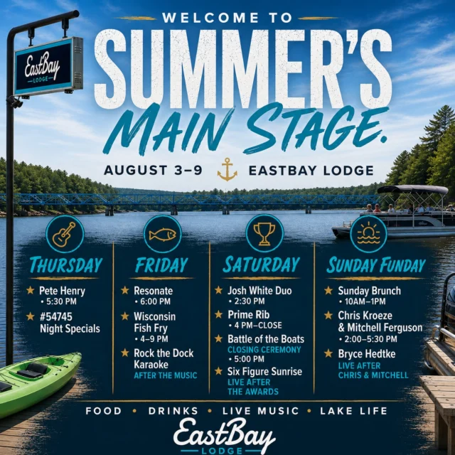 WELCOME TO SUMMER'S MAIN STAGE.

Some weeks are busy.

Some weeks become the ones you'll remember long after summer is over.

This is one of those weeks.

Over the next several days, Eastbay Lodge becomes home to one of the biggest weeks of live entertainment and lake life you'll find anywhere in the Northwoods.

🎸 Thursday kicks things off with #54745 Night, Pete Henry, great food, cold drinks, and one of our favorite summer traditions.

🎸 Friday, Resonate returns. If you've seen them before, you already know they don't just play music—they create an event.

🏆 Saturday brings the excitement of Battle of the Boats, the official Closing Ceremony, Josh White Duo, our Saturday Prime Rib, and Six Figure Sunrise closing out one of the biggest days of the summer.

☀️ Sunday wraps up the week with brunch, followed by a truly special afternoon as Chris Kroeze & Mitchell Ferguson perform together on the shores of Lake Holcombe, before Bryce Hedtke keeps the music going into the evening.

Weeks like this don't happen very often.

To have Resonate, Six Figure Sunrise, and Chris Kroeze & Mitchell Ferguson all headline the same week—surrounded by community traditions like Battle of the Boats—is something pretty special for Lake Holcombe.

Whether you're arriving by boat, by car, joining us for dinner, catching your favorite band, or spending the entire weekend at the lake...

We'd love to have you be part of it.

We'll see you at the Bay. 🌊💙