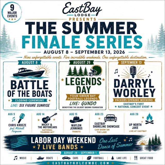 ☀️ Eastbay Lodge Presents: THE SUMMER FINALE SERIES ☀️

If you've been to Eastbay Lodge this summer, you already know there's always something happening.

🎶 Live music every Thursday through Sunday.

But over the next five weeks, we're taking it to another level.

These aren't our weekly entertainment acts... these are the marquee events that define our summer.

From nationally touring artists and football legends to Battle of the Boats, a classic car show, Labor Day Weekend, and Eastbay's first national concert event, August and early September are absolutely stacked!

🚤 Aug. 8 – Battle of the Boats + Six Figure Sunrise

🎤 Aug. 9 – Chris Kroeze featuring Mitchell Ferguson

⭐ Aug. 14 – Micky & The Motorcars

🤠 Aug. 15 – Waylon Jennings Tribute

🚗 Aug. 23 – Eastbay Shoreline Showcase

🔥 Aug. 28 – Up North Jake

🏈 Aug. 29 – Legends Day featuring four Green Bay football legends, GUNDO, and a full day benefiting the Gilbert Brown Foundation.

🇺🇸 Labor Day Weekend – 7 LIVE BANDS and One Last Dance of Summer.

🎤 Sept. 13 – The grand finale! Our Packers Opening Weekend Watch Party followed by Eastbay's first-ever national concert event featuring Darryl Worley.

🎟️ Limited to just 450 guests. Only a few VIP tables remain, and General Admission tickets are selling quickly.

🎟️ Tickets: https://www.eastbayholcombe.com/darryl-worley-live/

This Summer Finale Series is in addition to our regular Thursday–Sunday live music, amazing food, craft cocktails, fish fry, prime rib, Sunday brunch, and everything else you've come to expect from Eastbay Lodge.

Mark your calendars... because the biggest finish to summer starts now.

📍 Complete event details: EastbayHolcombe.com
