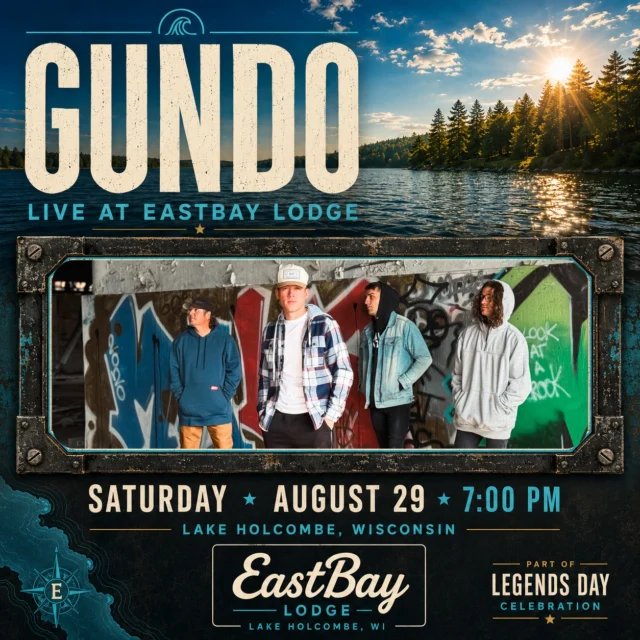 GUNDO. LIVE AT EASTBAY. AUGUST 29. 🔥

There are shows we book.

And then there are shows that just mean a little more to us.

GUNDO returns to Eastbay Lodge Saturday, August 29 at 7PM for a special Lake Holcombe performance as part of Legends Day.

If you've been around Eastbay for a while, you already know how we feel about this guy. Ethan Gunderson — GUNDO — is family around here. We've had a front-row seat to something pretty incredible, and what has happened over the last couple of years is getting harder and harder to ignore.

Raised in Ladysmith. Blue-collar Wisconsin through and through. Pouring concrete by day. And incredibly, he had never even sung publicly until his first live performance in 2024.

Then everything changed.

He started writing. He started playing. And people started paying attention.

His sound doesn't fit neatly into one box. Country, hard rock, hip-hop and a whole lot of Northern Wisconsin grit come together in something GUNDO calls "Wisconsin Gruntry."

Since that first performance, he's earned back-to-back WAMI recognition — 2025 New Artist of the Year nominee and 2026 Male Vocalist of the Year nominee — while taking his music from hometown stages to Summerfest, Hoofbeat Festival and beyond.

And here's what makes August 29 even more special:

GUNDO doesn't play everywhere.

Ethan has been intentional about where and how often he performs. He's building this the right way, protecting what makes a GUNDO show special instead of playing every stage that asks.

So when he chooses to come home to Lake Holcombe and play Eastbay, we don't take that for granted.

Neither should you.

GUNDO
Saturday, August 29 • 7PM
Eastbay Lodge • Lake Holcombe
Part of Legends Day

No hype needed on this one.

If you've seen GUNDO live, you know.

If you haven't?

August 29 is your night.

This one is going to be special.