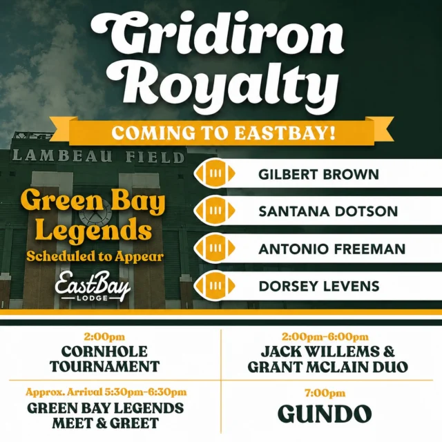 🏈 GRIDIRON ROYALTY IS COMING TO HOLCOMBE. 🏈

Saturday, August 29th is shaping up to be one of the biggest days of the summer at Eastbay Lodge.

The Gilbert Brown Foundation is coming to Lake Holcombe — and check out this lineup:

⭐ GILBERT BROWN
⭐ SANTANA DOTSON
⭐ ANTONIO FREEMAN
⭐ DORSEY LEVENS

Four Green Bay Legends. One day. Right here in Holcombe.

And you don't have to wait until August 29th to get in on it.

🏈 THE MEMORABILIA IS HERE NOW!

Stop into Eastbay anytime this month and check out the display case packed with autographed memorabilia and game-day tickets — then GET YOUR NAME ON A SQUARE for your chance to win!

The case will be on display all month leading up to Legends Day, with proceeds benefiting the Gilbert Brown Foundation.

Then on August 29th, we're going BIG.

🌽 2PM — CORNHOLE TOURNAMENT

We're limiting this to 20 teams for a double-elimination showdown. Race to 21, payouts for 1st, 2nd and 3rd, plus the Hole-in-One Challenge.

This isn't background entertainment. Come ready to play.

🎸 2–6PM — JACK WILLEMS & GRANT MCLAIN DUO

🏈 APPROX. 5:30–6:30PM — GREEN BAY LEGENDS

Meet Gilbert Brown, Santana Dotson, Antonio Freeman and Dorsey Levens for photos and autographs, followed by a live memorabilia auction hosted by Gilbert Brown benefiting the Gilbert Brown Foundation.

🔥 7PM — GUNDO

And once the Legends portion wraps up, GUNDO takes over Eastbay and carries this thing into the night.

This isn't just a meet & greet.

It's cornhole, live music, four Green Bay Legends, incredible memorabilia, the Gilbert Brown Foundation and GUNDO — all packed into one Saturday on Lake Holcombe.

And the fun starts NOW.

👉 Stop into Eastbay, check out the memorabilia case and GET YOUR NAME ON A SQUARE.

Full Legends Day details and Cornhole Tournament signup:

https://www.eastbayholcombe.com/gridiron-legends/

SATURDAY, AUGUST 29TH • EASTBAY LODGE

GRIDIRON ROYALTY IS COMING TO HOLCOMBE. 🏈🔥
