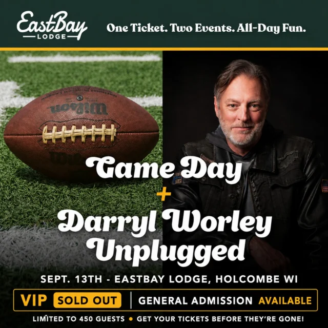 THIS ONE IS GOING TO BE SPECIAL.

On Sunday, September 13, Eastbay Lodge welcomes Darryl Worley to Lake Holcombe for an incredibly intimate, unplugged performance.

Coming on the weekend of September 11, there is something especially fitting about having Darryl here. Throughout his career, his music has recognized sacrifice, service, family and the people who show up when they're needed most. Hearing some of those songs in a room this intimate is going to be pretty incredible.

And we're building an entire day around it.

🏈 GAME DAY AT EASTBAY

We start with Green Bay vs. Minnesota — one of the biggest rivalry games around — on the screens throughout Eastbay, surrounded by great food, cold drinks and 450 football fans.

When the game ends, we're just getting started.

🎤 ELLIE MAY — DIRECTLY FOLLOWING THE GAME

Nashville-based country artist Ellie May takes the stage with her authentic country sound, soulful vocals and heartfelt storytelling.

Then...

🎸 DARRYL WORLEY — UNPLUGGED

No arena. No massive crowd.

Just Darryl, the songs, the stories behind them and only 450 guests at Eastbay Lodge.

And the response has already been incredible.

🔥 VIP — SOLD OUT
🎟️ GENERAL ADMISSION — ON SALE NOW

Eastbay Lodge will be CLOSED TO THE PUBLIC September 13. Only ticketed guests will be admitted. There will be NO day-of ticket sales and NO walk-in admission.

When the remaining GA tickets are gone, they're gone.

A huge thank you to our friends and collaborators at @Nashville North for helping make this show possible for our community. We're incredibly grateful for their partnership.

One ticket. One huge rivalry game. Two Nashville artists. One unforgettable day at the lake.

ONLY 450 GUESTS. NO TICKETS AT THE DOOR.

🎟️ GET YOUR TICKETS:
https://www.eastbayholcombe.com/darryl-worley-live/

September 13 • Eastbay Lodge • Lake Holcombe

If you're planning to be here, get your ticket now. This one is going to sell out.
