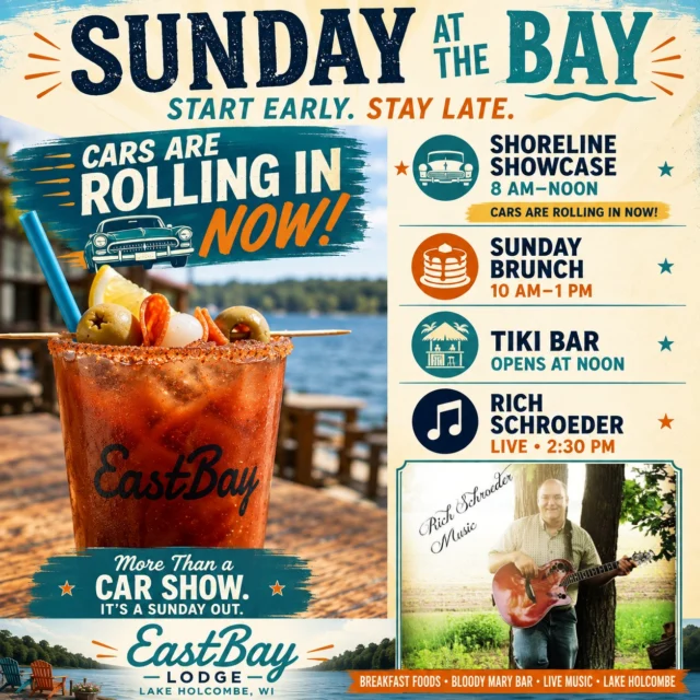 🚘 GOOD MORNING, HOLCOMBE — THE CARS ARE ROLLING IN NOW!

The sun is up, the coffee is brewing, the Bloody Marys are ready, and Eastbay’s 2nd Annual Shoreline Showcase is officially underway.

And if you’re sitting at home wondering what you’re doing today...

We’ve got your entire Sunday handled.

🚘 SHORELINE SHOWCASE • 8 AM–NOON

Cars, trucks, classics, muscle, imports, motorcycles, daily drivers — if somebody loves it, we want to see it.

FREE to enter. FREE to attend. Come show something off or just walk the grounds and enjoy the rides.

🍳 SUNDAY BRUNCH • 10 AM–1 PM

Waffle bar, omelet bar, carved meats, bacon, eggs, potatoes, fresh soups, salad bar and rotating seasonal favorites.

🍅 BLOODY MARYS & BREAKFAST

Because looking at cars before noon is considerably more enjoyable with breakfast and a properly built Bloody in your hand. 😎

🍹 TIKI BAR • OPENS AT NOON

When Shoreline wraps up, Sunday at the Bay is just getting started.

🎶 RICH SCHROEDER • LIVE AT 2:30 PM

One of Lake Holcombe’s own takes the lakeside stage for an easygoing afternoon of familiar favorites and live music by the water.

Cars → Brunch → Tiki → Live Music.

Come for an hour. Come for brunch. Come for the afternoon.

Or start early and stay late.

📍 Eastbay Lodge • Lake Holcombe

☀️ It’s Sunday at the Bay. We’ll see you at the lake. 🌊