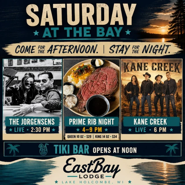 COME FOR THE AFTERNOON. STAY FOR THE NIGHT. ☀️🌙

Saturday at Eastbay is one of those days where there really isn't a good reason to leave.

🍹 TIKI BAR OPENS • NOON

Grab a drink, find your spot by the water and settle in — because the music starts early.

🎶 THE JORGENSENS • 2:30 PM

Award-winning songwriter and entertainer Kurt Jorgensen joins powerhouse vocalist and multi-instrumentalist Brianna Tagg for an afternoon of rock, blues, soul, pop and classic rock.

Then comes one of our favorite Saturday traditions...

🥩 PRIME RIB NIGHT • 4–9 PM

10 oz Queen Cut • $29
14 oz King Cut • $34

Slow-roasted prime rib served with your choice of potato, seasonal vegetable, au jus, creamy horseradish and our fresh salad bar.

And at 6 PM, we're turning it up.

🔥 KANE CREEK • 6 PM

Three outstanding vocalists. Big harmonies. Big energy. And a setlist that runs from Fleetwood Mac, Queen and Alabama to Chris Stapleton, Zac Brown Band, Little Big Town and Chappell Roan.

That's Saturday at the Bay.

☀️ Tiki Bar at Noon
🎶 The Jorgensens at 2:30
🥩 Prime Rib from 4–9
🔥 Kane Creek at 6

Come for the afternoon. Stay for dinner. Stay for the music. Hell, just stay. 😂

📍 Eastbay Lodge • Lake Holcombe

Summer Saturdays don't last forever.

We'll see you at the lake. 🌊