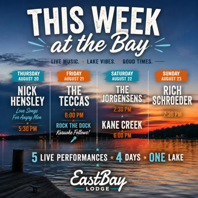 🌅 THIS WEEK AT THE BAY — AND SUMMER ISN'T SLOWING DOWN YET.

That's the actual view from our docks — and this week it's the backdrop for five live performances over four days.

🎶 THURSDAY • NICK HENSLEY • 5:30 PM

Yes, Love Songs For Angry Men is really the name. 😂 Nick has spent more than two decades building a reputation as one of the Midwest's respected Americana and alt-country artists, sharing stages with Soul Asylum, Trampled By Turtles, The Wallflowers, Semisonic and more.

Plus, it's #54745 Night, with local food & drink specials starting at 5 PM!

🎸 FRIDAY • THE TECCAS • 6 PM

Classic rock, country favorites and crowd-pleasers built for a Friday night at the lake.

Come early for our Wisconsin Fish Fry from 4–9 PM, then stay late — Rock the Dock Karaoke with Karaoke Kim follows inside the Sports Bar! 🎤

🔥 SATURDAY • THE JORGENSENS • 2:30 PM

Award-winning songwriting, powerhouse vocals and a killer mix of rock, blues, soul, pop and classic rock.

🤘 KANE CREEK • 6 PM

Three outstanding vocalists, huge harmonies and a setlist spanning Fleetwood Mac, Queen, Alabama, Chris Stapleton, Zac Brown Band, Little Big Town and more.

And Saturday means Prime Rib Night from 4–9 PM. 🥩

☀️ SUNDAY • RICH SCHROEDER • 2:30 PM

One of Lake Holcombe's own closes out the week with the familiar favorites and easygoing style that just feels right on a summer Sunday at the lake.

And Sunday starts early: 🚘 Shoreline Showcase 8 AM–Noon, Sunday Brunch, Tiki Bar and then Rich at 2:30!

5 LIVE PERFORMANCES. 4 DAYS. ONE LAKE. 🌊

Great food. Cold drinks. Live music. Lake views.

We'll see you at the Bay.