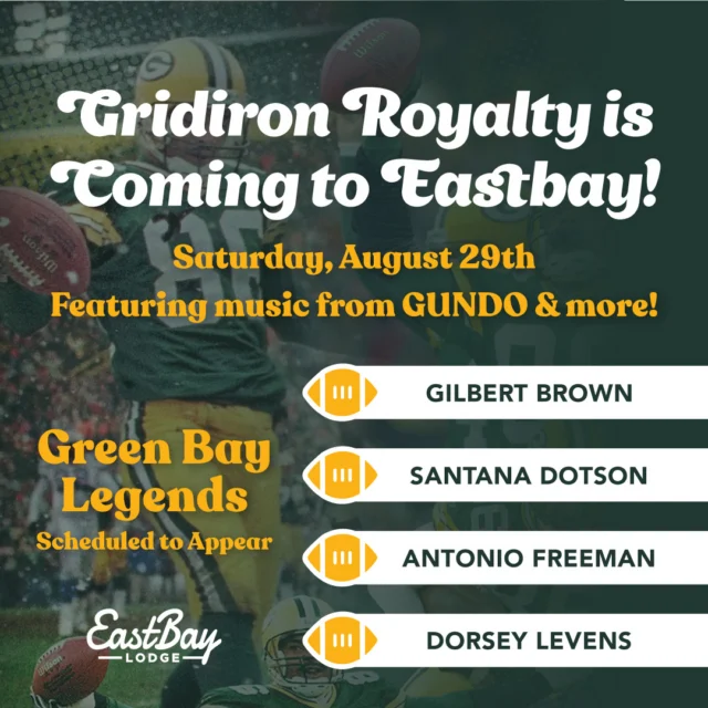 🏈 TWO SATURDAYS FROM NOW, THE LEGENDS TAKE OVER THE BAY.

If August 29 isn't already circled on your calendar, it should be.

Four Green Bay legends. One incredible day at Eastbay Lodge.

🧀 Gilbert Brown
🧀 Santana Dotson
🧀 Antonio Freeman
🧀 Dorsey Levens

All four are scheduled to join us at Eastbay for an afternoon and evening of Green Bay greatness benefiting the Gilbert Brown Foundation.

And this isn't just a meet-and-greet.

🌽 CORNHOLE TOURNAMENT • 2:00 PM
We're filling a 20-team double-elimination field — and there are still spots available.

• $20 per team
• Payouts to 1st, 2nd & 3rd
• Race to 21
• Hole-in-One Challenge following the tournament

🎸 Jack Willems & Grant McLain Duo • 2–6 PM

🏈 GREEN BAY LEGENDS • Approx. 5:30–6:30 PM
Meet & greet • Photos • Autographs • Merchandise raffle • Live memorabilia auction hosted by Gilbert Brown

🔥 GUNDO • 7 PM–CLOSE

Think about that for a minute.

You can spend a Saturday afternoon on Lake Holcombe, throw some bags, listen to live music, meet four guys who helped create some unforgettable Sundays in Green Bay, and finish the night with GUNDO taking over Eastbay.

And it's all happening TWO SATURDAYS FROM NOW.

👇 Want in on the cornhole tournament? Or want the complete schedule and event details?

Everything is right here:
https://www.eastbayholcombe.com/gridiron-legends/

Saturday, August 29 • Eastbay Lodge

🏈 The Legends are coming to the Bay.
