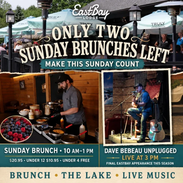 ☀️ MAKE THIS SUNDAY COUNT. ☀️

Only two Eastbay Sunday Brunches remain this season—and we’re pairing this one with a very special afternoon of live music.

🥞 Sunday Brunch • 10 AM–1 PM

Build your own waffle and omelet, then fill your plate with carved meats, bacon, eggs, potatoes, soups, salad bar and a rotating selection of Eastbay favorites.

Adults • $20.95
Children under 12 • $10.95
Children under 4 • Free

Then grab a drink, enjoy the lake and stay for something we don’t get to experience very often.

🎸 DAVE BEBEAU UNPLUGGED • 3 PM

If you know Dave as the voice of Contradiction, you know the kind of power he brings to a stage. But every once in a while, he strips it all back—just Dave, an acoustic guitar and a huge catalog of songs.

Tom Petty. Neil Young. James Taylor. John Cougar Mellencamp. Charlie Daniels. America. Bon Jovi—and whatever else Dave decides to pull out.

No full band. No predictable setlist. Just a rare, intimate afternoon with one of Northern Wisconsin’s most talented performers.

This is Dave’s final Eastbay appearance of the season.

Brunch. The lake. Live music. One perfect late-summer Sunday at Eastbay. 🌊🎶