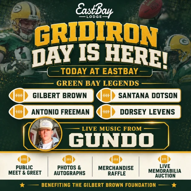 This is the day we’ve been waiting for. Green Bay greatness is taking over Eastbay—and you’ll want to show up early, claim your spot and settle in for an absolutely epic day by the lake.

🎶 2–6 PM: Jack Willems & Grant McLain Duo
🧀 Approximately 5:30–6:30 PM: Green Bay Legends arrive
🔥 7 PM–close: GUNDO takes over Eastbay

Scheduled to appear:

🏈 Gilbert Brown
🏈 Santana Dotson
🏈 Antonio Freeman
🏈 Dorsey Levens

Meet the legends, get photos and autographs, enter the merchandise raffle, and bid on one-of-a-kind memorabilia during a live auction hosted by Gilbert Brown—benefiting the Gilbert Brown Foundation.

And when the meet-and-greet wraps up, the night is just getting started.

At 7 PM, GUNDO takes the stage—and this show alone is worth making the trip. Gritty country, hard-hitting originals, huge energy and the kind of performance that turns a crowd into a full-blown party. If you’ve seen GUNDO, you already know. If you haven’t, this is the night to fix that.

Four Green Bay legends. Live music all day. One massive Saturday at Eastbay.

Get here early. Claim your spot. Stay through close.

Gridiron Day is going to be absolutely epic. 💚💛🔥