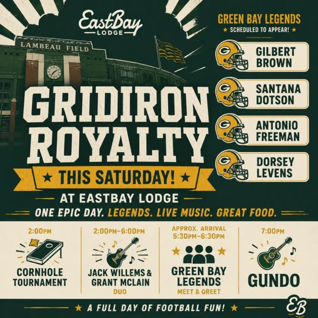 🏈 **GRIDIRON ROYALTY IS COMING TO HOLCOMBE THIS SATURDAY!** 🏈

This is one of those days where we need the whole community to SHOW UP.

The **Gilbert Brown Foundation** is rolling into Eastbay Lodge this Saturday, August 29th — and they’re bringing some serious Green Bay royalty with them.

🟢 **Gilbert Brown**
🟡 **Santana Dotson**
🟢 **Antonio Freeman**
🟡 **Dorsey Levens**

**Four Green Bay legends. Right here in Holcombe. Up close and personal.**

Photos. Autographs. Stories. Memorabilia. A live auction benefiting the Gilbert Brown Foundation. Live music. Cold drinks. Great food. And a whole lot of fun.

### 🌽 BUT FIRST — WE NEED CORNHOLE TEAMS!

We want to **FILL THIS TOURNAMENT.**

Grab a partner, find the one friend who claims they're unbeatable after three beers, and come prove it. 😂

🏆 **20-Team Double Elimination Tournament**
⏰ **Starts at 2:00 PM**
💵 **ONLY $20 PER TEAM**
🎯 Race to 21
💰 Payouts to **1st, 2nd & 3rd**
🔥 Money rounds are best 2 of 3
🎯 Plus a **Hole-in-One Challenge** after the tournament!

**Twenty teams. That's it. Let's fill the bracket and make some noise.**

And while the bags are flying...

🎸 **Jack Willems & Grant McLain Duo | 2–6 PM**

Then approximately **5:30–6:30 PM**, the Green Bay Legends arrive for the public **MEET & GREET**.

And when that's over?

🤠 **OUR BOY GUNDO TAKES OVER AT 7 PM!**

If you've seen GUNDO at Eastbay, you already know. If you haven't — Saturday is the night to fix that.

This isn't just another event at Eastbay. **It's a community day.** Bring your friends. Bring the family. Enter the cornhole tournament. Meet four guys who helped create some incredible Green Bay memories. Stick around for GUNDO and make a night of it.

**Holcombe — let's PACK EASTBAY.**

👉 Full event details:
https://www.eastbayholcombe.com/gridiron-legends/

🌽 **And seriously... WHO'S PLAYING CORNHOLE? Tag your partner below. 👇**