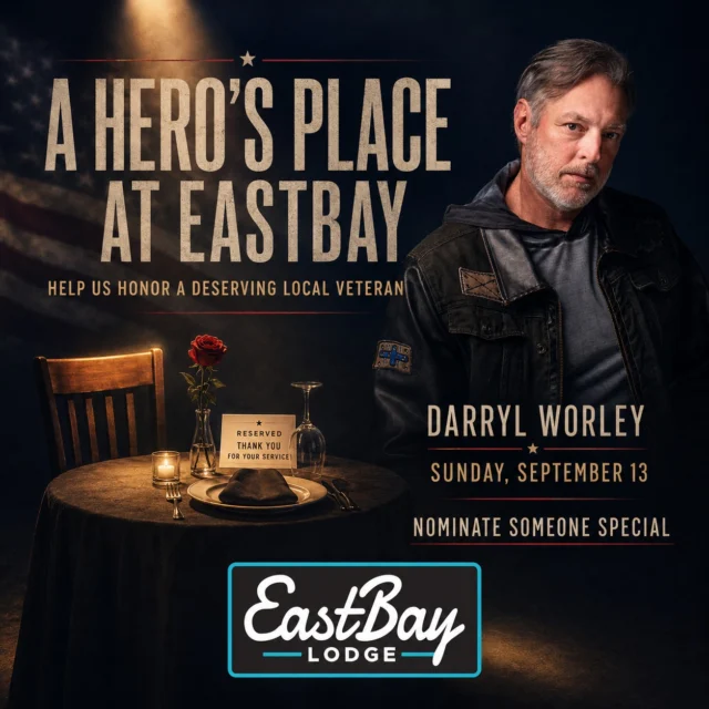 A HERO’S PLACE AT EASTBAY

On Sunday, September 13, we are reserving a special place at Eastbay for one deserving local veteran and their guest.

They will receive a reserved table for two, two tickets to the entire event, dinner on Eastbay and an opportunity to meet Darryl Worley, subject to artist availability.

Nominating someone is easy.

Comment below or message us privately through Messenger with the veteran’s name, branch of service and a few words about why they should experience A Hero’s Place at Eastbay.

The nominee should be a veteran from our area who is available September 13. Nominate a family member, friend, neighbor, coworker—or yourself. We don’t need a formal essay. We simply want to hear their story.

This is not a popularity contest and will not be determined by likes or shares. We would love to honor every person who has served, and we value that service equally. We have one special experience available, so Eastbay will thoughtfully select one veteran and contact them privately before sharing their name.

Supporting America’s military has been one of the defining convictions of Darryl Worley’s life and career. He has completed more than 15 USO tours and traveled into areas of active military operations to perform for our troops.

His first trip to Kuwait and Afghanistan changed him deeply. After returning home, he co-wrote “Have You Forgotten?”—the song that spent seven weeks at No. 1 and became one of the most powerful songs of its generation.

This is much more than a concert. It is an entire day at Eastbay:

🏈 Packers vs. Vikings opening-weekend watch party
🎶 Nashville artist EllieMay following the game
🎤 Darryl Worley: Unplugged & Up Close at approximately 7 PM
One local veteran honored by our community

VIP reserved tables are SOLD OUT, but $45 general admission tickets remain available. Admission includes the entire ticketed day, from the Packers game through Darryl’s final song. Lawn chairs are welcome.

Help us find the veteran who should experience this special day—and join us for an unforgettable day at Eastbay Lodge.

EVENT DETAILS & GENERAL ADMISSION TICKETS:
https://www.eastbayholcombe.com/darryl-worley-live/