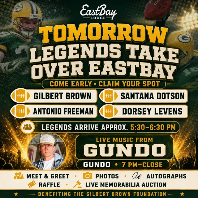 🏈🔥 TOMORROW, LEGENDS TAKE OVER EASTBAY! 🔥🏈

The countdown is almost over. Gridiron Day hits Eastbay tomorrow—and this is your final warning to make plans, come early and claim your spot.

🎶 2–6 PM: Jack Willems & Grant McLain Duo

🏈 Approximately 5:30–6:30 PM: The Green Bay legends arrive

Scheduled to appear:

• Gilbert Brown
• Santana Dotson
• Antonio Freeman
• Dorsey Levens

Meet them. Get the photos. Grab the autographs. Enter the raffle. Then watch Gilbert Brown host a live auction featuring one-of-a-kind memorabilia benefiting the Gilbert Brown Foundation.

🔥 At 7 PM, GUNDO takes over Eastbay until close.

This isn’t background music—it’s the show. Gritty country, hard-hitting originals, massive energy and a performer who knows how to turn an entire venue loose. GUNDO is bringing the party, and Gridiron Day is going out with a bang.

Four Green Bay legends. Live music all day. One massive Saturday at Eastbay.

Come early. Claim your spot. Stay through close.

Full event details:

https://www.eastbayholcombe.com/gridiron-legends/

Tomorrow is going to be absolutely epic. 💚💛🔥