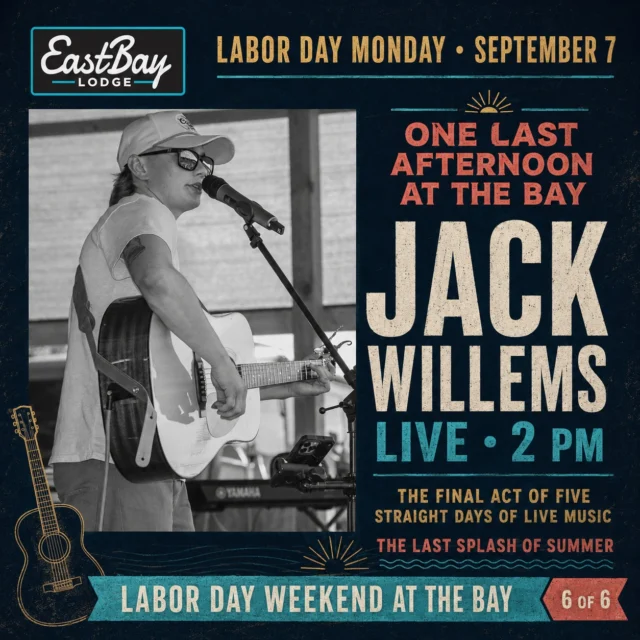MOST PLACES LET LABOR DAY MONDAY HAPPEN TO THEM.

We booked Jack Willems at 2 PM.

After five straight days, seven live acts and several decisions best left out of the official historical record, Eastbay is giving Labor Day Weekend one final afternoon on the lake.

Jack Willems takes the stage at 2 PM as the final act of our Last Splash of Summer.

This isn’t us declaring summer dead. That would be dramatic, and Wisconsin weather could make us look stupid by Tuesday.

It’s simply one more afternoon to pull up by boat, claim a table, order something cold and listen to live music before everyone reluctantly admits the long weekend has an ending.

If you’ve been with us since Thursday, congratulations—you now qualify as seasonal staff.

If Monday is your first appearance, we’ll still let you in. We’ll judge you quietly, but we’ll let you in.

📍 Eastbay Lodge
📅 Labor Day Monday • September 7
🎸 Jack Willems live at 2 PM

One last afternoon. One final act. One more day at the Bay.

Summer isn’t leaving quietly—and neither are we.