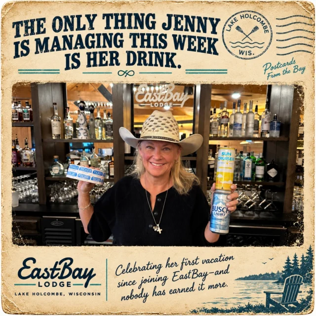 Jenny is finally taking her first vacation since joining EastBay.

For two seasons, she has roamed these halls more than the EastBay ghosts—sunup to sundown—making lists, building processes and, of course, creating her famous rules. There is a reason we lovingly call her Process Jenny.

But Jenny believes in EastBay. She believes in what this place can be, and she puts everything she has into making it better.

Thankfully, she isn’t alone. EastBay is filled with people who believe in it—people who work long days, care deeply and give far more than most guests will ever see. Those believers are what make EastBay special, and we’re damn fortunate to have so many of them.

So this week, the only thing Process Jenny is allowed to manage is her drink.

Come see us before she gets back and we all get a talking-to.

Until then, it’s EastBay: Unhinged.