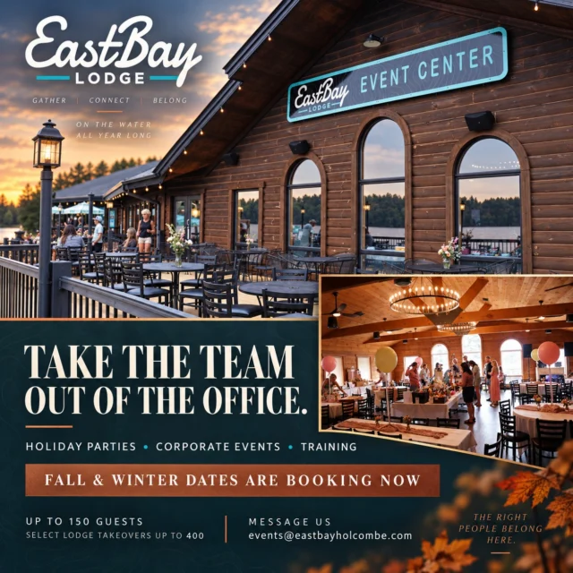 The office holiday party does not have to feel like it happened at the office.

Fall and winter dates are now booking at Eastbay Lodge, and our Event Center gives you room to bring people together without turning it into another meeting.

Holiday parties. Corporate events and training. Family get-togethers. Celebrations of life. And yes, we’re already talking winter weddings.

Our private event space accommodates up to 150 guests, with flexible setups, full food and beverage selections, AV solutions and full DJ services available.

Want to go bigger? On select winter dates, our Lodge Takeover option gives you the entire lodge and room for up to 400 guests. Your event. Your people. The whole place.

The dates everyone wants tend to go first. Message us or email [events@eastbayholcombe.com](mailto:events@eastbayholcombe.com) to start planning.

#EastbayLodge #LakeHolcombe #HolidayParties #CorporateEvents #WisconsinWeddings