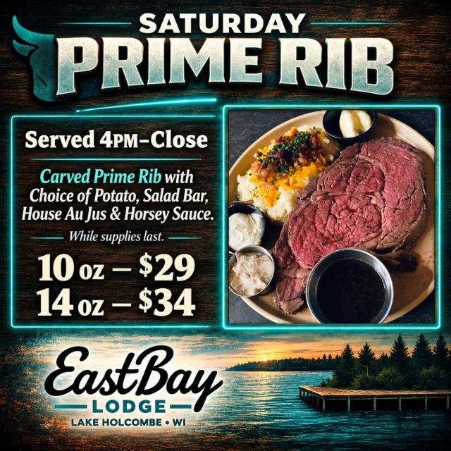 Saturday has a pretty damn good game plan at Eastbay. 🏈🎶🥩

🏈 11:30AM — Wisconsin Badgers vs. Eastern Michigan in the Sports Bar

🎶 2:30–6PM — The Eastbay premiere of Acoustic Rock Party Duo

🥩 4PM — Prime Rib and our full supper club menu begin in the Supper Club

Come for the Badgers, stick around for the music and finish the day with prime rib. That feels like a Saturday done correctly.

Reservations are suggested for prime rib and our supper club menu:

https://www.eastbayholcombe.com/reservations/

Eastbay Lodge • Lake Holcombe