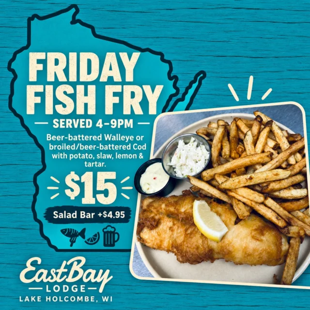 Friday Fish Fry tastes even better by the lake. 🐟

Choose beer-battered walleye or broiled or beer-battered cod, served with your choice of potato, slaw, lemon and tartar sauce—all for $15.

And for another $4.95, do Friday properly and add our full salad bar, complete with two soups.

It’s a classic Wisconsin fish fry, served lakeside in a true supper club setting. Fish Fry is available Friday from 4–9PM.

Reservations are suggested:

https://www.eastbayholcombe.com/reservations/

Eastbay Lodge • Lake Holcombe