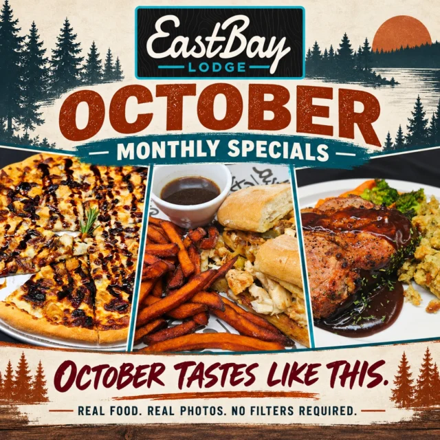 OCTOBER CAME HUNGRY. 🍂

Fall has officially landed at Eastbay—and we didn’t need stock photos, fake steam or filters to make it look good.

These are the actual dishes. These are the actual photos. And this is what October tastes like at the lake:

🍕 A SLICE OF FALL — $20
Our house-made 16-inch pizza with creamy garlic sauce, mozzarella, chicken, garlic, pecans and cranberries, finished with a balsamic drizzle.

🥪 CHICKEN PHILLY CIABATTA — $15
Chicken breast, mushrooms, onions and mixed bell peppers topped with melted mozzarella on a ciabatta roll. Served with sweet potato fries.

🍽️ DEMI-GLAZED DUROC PORK PORTERHOUSE — $28
A thick-cut, 14-ounce dry-aged pork porterhouse, grilled and finished with rich demi-glace. Served with fresh stuffing and vegetables.

The pizza and Chicken Philly are available during all open hours. The Pork Porterhouse is available during Supper Club hours.

Swipe through the real deal—and come hungry.

📍 Eastbay Lodge | Lake Holcomb
