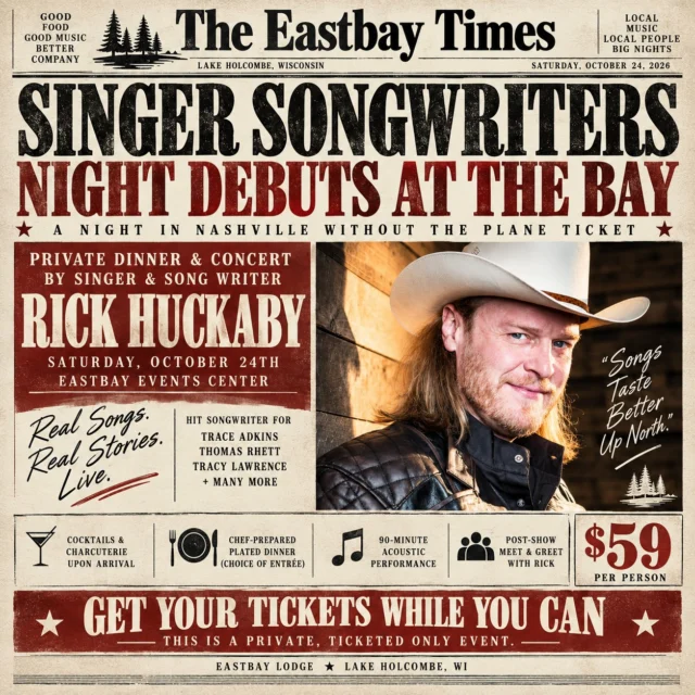 We’re bringing Nashville to The Bay. 🎶
On Saturday, October 24th, Eastbay debuts our new Singer-Songwriters Night with Nashville singer, songwriter and guitarist Rick “Huck” Huckaby — for a private dinner and concert inside the Eastbay Events Center.
This isn’t just dinner with live music playing in the background. We’ve built the entire evening around the show.
Arrive and enjoy cocktails and charcuterie, then settle in for a chef-prepared plated dinner with your choice of Prime Rib, Chicken Marsala or Chicken Linguini Alfredo, along with our Signature Eastbay Caesar, freshly baked warm rolls and dessert with coffee.
After dinner, the lights come down and Huck takes over.
For the next 90 minutes, you’ll hear the songs, the stories behind them and what it’s really like writing music in Nashville — performed acoustically in an intimate room where every seat feels close to the stage.
And Huck has some stories to tell.
He wrote Trace Adkins’ “Muddy Water” and Thomas Rhett’s “Beer With Jesus,” has written more than 30 songs for Tracy Lawrence, and has had songs recorded by artists including Craig Morgan, Frankie Ballard and Gov’t Mule.
When the show ends, stick around — guests will have the opportunity to meet Rick personally during a post-show meet & greet.
Your $59 ticket includes the entire evening:
Cocktails & charcuterie upon arrival • Plated dinner • Dessert & coffee • 90-minute acoustic concert • Post-show meet & greet
It’s a private, ticketed-only evening with limited seating.
Great food. Real songs. The stories behind them. And one very different night at The Bay.
A night in Nashville without the plane ticket.
🎟️ Get your tickets while you can:
https://www.eastbayholcombe.com/event/rick-huckaby/