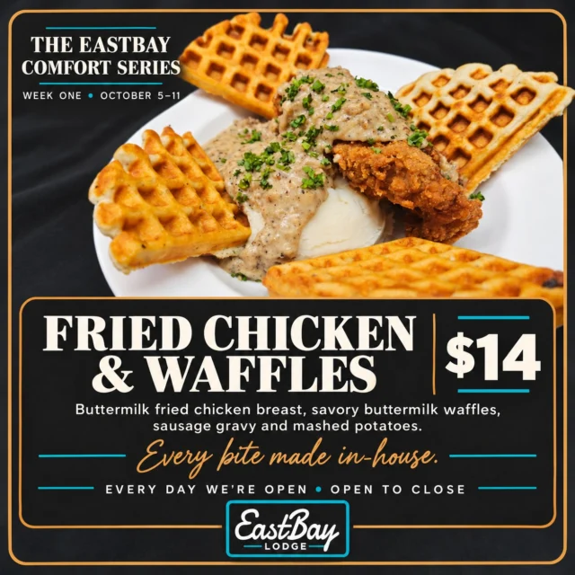 THE EASTBAY FALL COMFORT FOOD SERIES KICKS OFF TOMORROW. 🍗🧇
When we started talking about fall at the Bay, we kept coming back to one idea:
Comfort food doesn't have to be ordinary. And it sure as hell doesn't have to be expensive.
So we're taking some of the foods you grew up loving, giving them the Eastbay treatment, making as much as we can right here in-house — and keeping every weekly feature approachable.
WEEK ONE | OCTOBER 5–11
🍗 FRIED CHICKEN & WAFFLES — $14
Buttermilk fried chicken breast. Savory buttermilk waffles. House sausage gravy. Mashed potatoes.
Every bite made in-house.
And unlike a one-night special, you've got several chances to get it.
It's available every day we're open, from open to close, October 5–11, for just $14.
The Fall Comfort Food Series starts tomorrow at 4PM and a brand-new comfort food feature takes over the menu each week.
Upscale comfort food. Small-town price.
Fall tastes pretty damn good at the Bay. 🍂
📍 Eastbay Lodge | Lake Holcombe
Good Food • Great People • Beautiful Lake