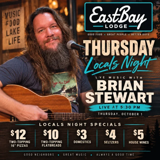 🍻 THURSDAY LOCALS NIGHT + LIVE MUSIC! 🎶
The off-season is here, and that means live music at Eastbay moves to select nights only — so when we’ve got it, you don’t want to miss it.
Tomorrow night, Brian Stewart is LIVE at 5:30 PM! If you’ve caught Brian before, you already know. If you haven’t, this is your night. Great acoustic music, cold drinks, good food and Locals Night at the Bay.
🔥 THURSDAY LOCALS NIGHT SPECIALS
🍕 $12 Two-Topping 16" Pizzas
🍕 $10 Two-Topping Flatbreads
🍺 $3 Domestics
🥤 $4 Seltzers
🍷 $5 House Wines
Thursday, October 1 | Music starts at 5:30 PM
Grab your people, grab a table and settle in. Live music isn't every Thursday during the off-season — Brian is here tomorrow, and you don't want to miss this one.
Good neighbors. Great music. Always a good time at Eastbay. 🎸🌊