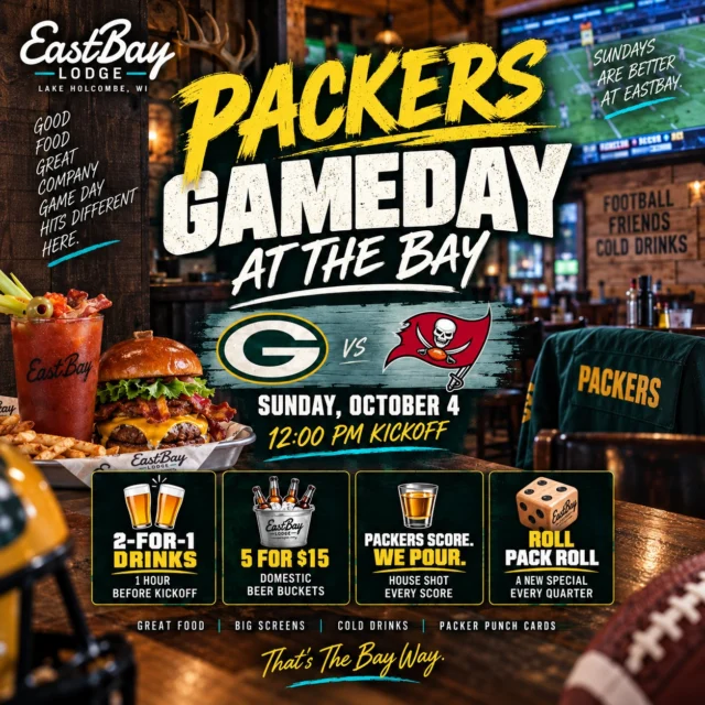 🟢🟡 SUNDAY PLANS? WE’VE GOT ’EM.
Tomorrow at noon, Green Bay takes on Tampa Bay, and we’re doing Packer Game Day the Eastbay way.
🏈 SUNDAY, OCTOBER 4
⏰ NOON KICKOFF
📺 Every game. Every TV. Eastbay.
Get here early because Game Day starts ONE HOUR BEFORE KICKOFF:
🍻 2-for-1 drinks from 11 AM–Noon
🪣 5 domestic beers for $15 — all game long
🥃 PACKERS SCORE. WE POUR. House shot after every Green Bay touchdown
🎲 ROLL PACK ROLL — a new special every quarter
🎟️ PACKER PUNCH CARDS — watch, punch, fill & get entered for our season-end grand prize
💰 THE BIG PACKER BOARD — weekly payouts
And obviously, come hungry. Full Casual Dining menu, cold drinks and every damn TV on the game.
Grab your crew. Claim your spot. We’ll see you tomorrow.
GO PACK GO! 🧀🏈
