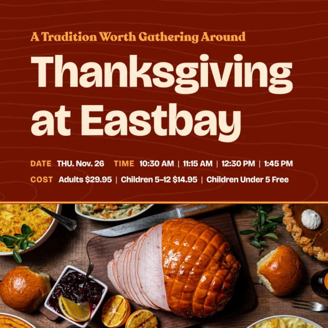 𝐀 𝐥𝐢𝐭𝐭𝐥𝐞 𝐞𝐚𝐫𝐥𝐲 𝐰𝐚𝐫𝐧𝐢𝐧𝐠 𝐟𝐨𝐫 𝐓𝐡𝐚𝐧𝐤𝐬𝐠𝐢𝐯𝐢𝐧𝐠…

Thanksgiving at Eastbay is a tradition we’re proud to share with families year after year—and our holiday buffets have been known to sell out.

We’re serving an abundant Thanksgiving feast with chef-carved turkey and ham, maple-glazed salmon, creamy garlic chicken, seafood cavatappi with shrimp and crab, traditional holiday favorites, premium cold selections and a full spread of desserts.

Don’t sleep on this one. Visit our Thanksgiving page to see all the details, explore the menu, choose your seating time and make your reservation online. Reservations are available online only.

We’d be thankful for your planning, and we can’t wait to welcome you to the lake!

https://www.eastbayholcombe.com/event/thanksgiving-at-eastbay-lodge/