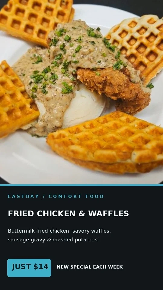 🍂 THE LAKE GETS QUIET. THE KITCHEN DOESN'T. 🔥

Around here, when the boats come off the water and the side-by-sides hit the trails, we know what season it is.

COMFORT FOOD SEASON.

And at Eastbay, we're keeping it alive ALL WINTER LONG!

🍗 Fried Chicken & Waffles — Buttermilk fried chicken, savory waffles, sausage gravy and mashed potatoes.

🍲 Creole Gumbo — House-made with smoked sausage and shrimp. Hot or mild!

🥟 Eastbay Calzone — Homemade dough loaded with mozzarella, sausage, pepperoni and Canadian bacon.

🥧 Turkey Pot Pie — Roasted turkey, vegetables, rich gravy and flaky puff pastry.

FOUR SPECIALS. FOUR WEEKS. JUST $14 EACH.

A different special every week, then we start the rotation all over again. All winter long.

Because just because summer's over doesn't mean the good food has to be.

The trails are calling. The lake is getting quiet. And there's always a warm welcome waiting at Eastbay.

📍 Eastbay Lodge | Lake Holcombe, Wisconsin

#EastbayLodge #LakeHolcombe #ComfortFood #WisconsinNorthwoods #ChippewaValley #supportlocal