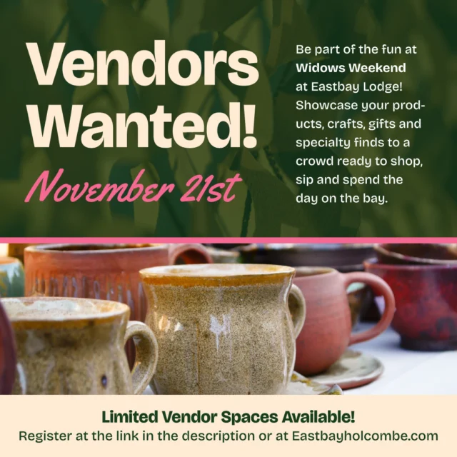 🛍️ HEY LOCAL MAKERS, CRAFTERS, BOUTIQUES & SMALL BUSINESSES — WE WANT YOU AT THE BAY!

We're putting together something special for WIDOWS WEEKEND AT EASTBAY LODGE, and we're looking for some great local vendors to join the fun!

📅 SATURDAY, NOVEMBER 21 | 11 AM–4 PM
📍 Eastbay Lodge | Lake Holcombe, WI

Our DAY ON THE BAY CRAFT & VENDOR EXPO is more than just a shopping event. We're building an entire day around it, giving guests plenty of reasons to come, shop, sip, eat, and stay awhile!

HERE'S WHAT WE HAVE PLANNED!

🛍️ 11 AM–4 PM | CRAFT & VENDOR EXPO
20–25 local vendors featuring handmade goods, boutique merchandise, holiday gifts, and unique finds!

🎸 NOON–4 PM | TAYLOR PETERSON LIVE
Four hours of live acoustic music while guests shop!

🍷 WINE TASTINGS, TEQUILA EXPERIENCES & COCKTAILS
Because shopping should be fun!

🎁 RAFFLES & GIVEAWAYS
Including a chance to win TWO VIP tickets to Hoof Beat 2027!

🍽️ 4 PM | EASTBAY SUPPER CLUB OPENS
Keep the afternoon going with dinner at the Bay!

🎶 7–10 PM | SIX FIGURE SUNRISE LIVE
We're keeping the party going with live country music!

🛍️ VENDORS — HERE'S YOUR INVITATION!

Whether you're an established boutique, a home-based business, or someone who makes something pretty darn special, we'd love to have you!

Vendor spaces are limited, and registration is open NOW!

👇 RESERVE YOUR VENDOR SPACE HERE:
https://www.eastbayholcombe.com/widows-weekend/#saturday

And to our friends and neighbors — TAG YOUR FAVORITE LOCAL MAKER, CRAFTER, OR SMALL BUSINESS! Help us find some great people to join us!

Let's make this a fun one, Lake Holcombe! 💗

#WidowsWeekend #EastbayLodge #ShopLocal #LakeHolcombe