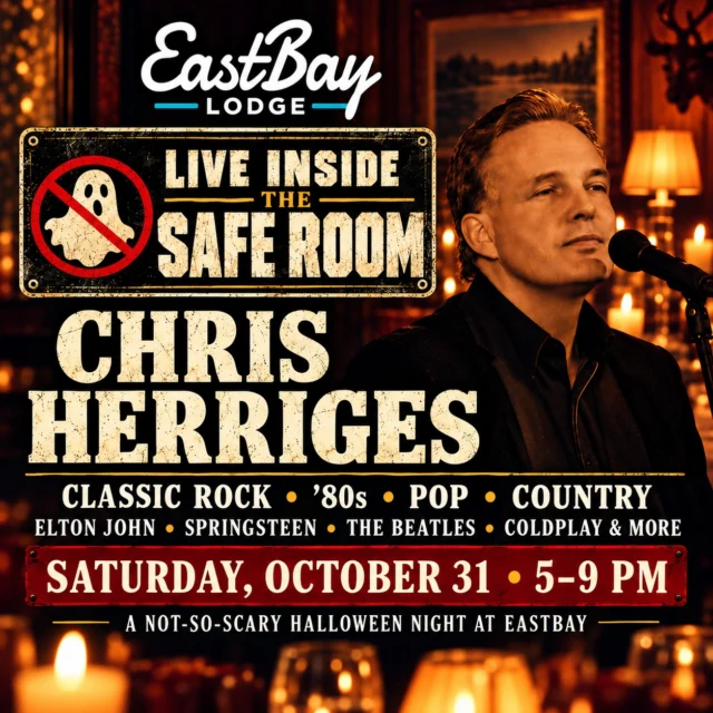 👻 HALLOWEEN IS SCARY ENOUGH. DINNER SHOULDN'T BE.

This Halloween, we're doing things a little differently at Eastbay Lodge.

Welcome to THE SAFE ROOM — our not-so-scary, paranormal-free supper club experience.

No haunted hallways. No chainsaws. No creepy characters lurking behind your table. Just great food, exceptional cocktails, live music, and a perfectly good excuse to hide from Halloween for a few hours. 🥃

🎹 LIVE INSIDE THE SAFE ROOM: CHRIS HERRIGES

Saturday, October 31 | 5–9 PM

Chris brings an incredible mix of classic rock, '80s favorites, pop, and country to the Supper Club. Think Elton John, Bruce Springsteen, The Beatles, Coldplay, and plenty more.

The kind of music that makes you order another cocktail and stay a little longer.

🍽️ ON THE MENU FOR HALLOWEEN

Our full Supper Club dining experience, along with some specially themed dinner, cocktail, and dessert features created just for the evening.

And yes, our famous Saturday prime rib is still part of the tradition.

🎃 A FEW HOUSE RULES:

Costumes? Welcome.

Ghosts? Absolutely not.

Scary clowns? $20 surcharge. We're serious. Mostly.

Whether you're escaping the trick-or-treaters, making it a date night, or gathering your favorite people for dinner, we've saved you a seat in the safest room on Lake Holcombe.

🕯️ RESERVATIONS STRONGLY ENCOURAGED

Halloween falls on a Saturday this year, and we'd love to have you join us.

Reserve your table here:

https://www.eastbayholcombe.com/reservations/

EASTBAY LODGE | LAKE HOLCOMBE
Good spirits. No actual spirits. 👻